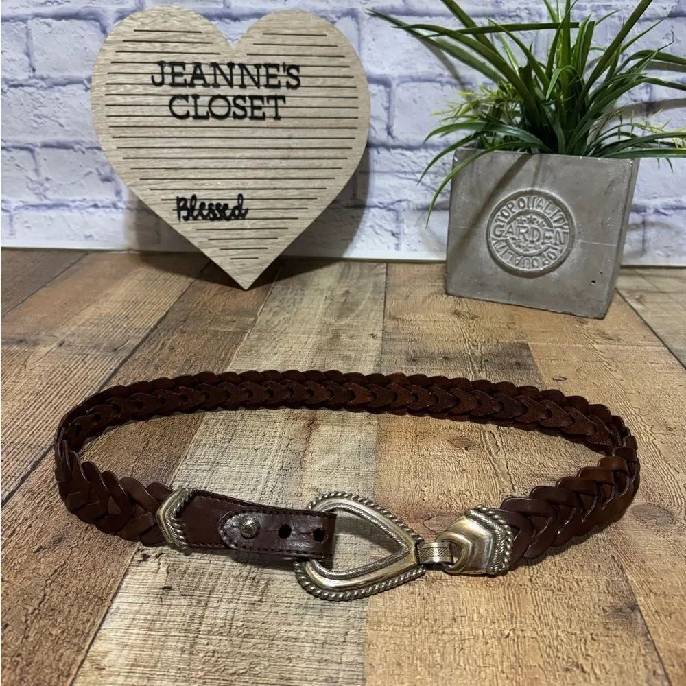 Braided Brown Leather Belt Vintage R.O.C. Womens Sz L Western Silver Tone Buckle